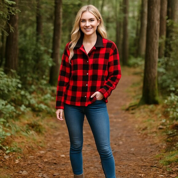 VTG Hidden Bay Made in USA Buffalo Plaid Lumberjack Fleece Snap Front Jacket - Picture 11 of 11